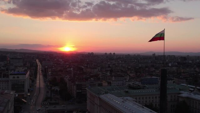 Sofia Skyline, Bulgaria, Bulgarian Flag on national parliament building at sunset