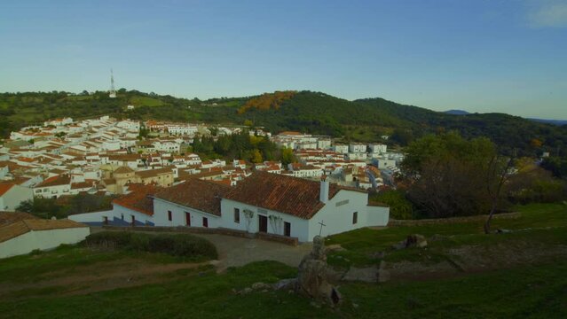 revealed  countryside rural spanish andalucia sierra jamones old white villages of the Sierra de Aracena, Huelva Jabugo green colors of the mountains,the spectacular brown purple orange sunset