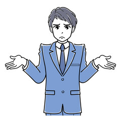 肩をすくめるスーツの若い男性（上半身・シンプル）