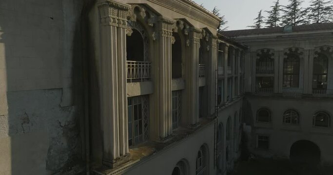 Abandoned Soviet  Era Sanatorium And Hotel In Tsqaltubo, Georgia. Aerial Tilt-up