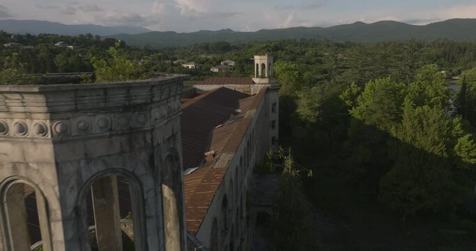 Fly Over Desolated Sanatorium Medea In Tskaltubo, Georgia. Aerial Drone Shot