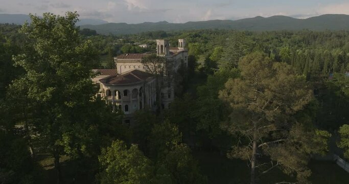 Soviet Era Ruined Hotel And Sanatorium In The Spa Resort Tskaltubo In Georgia. Aerial Pullback