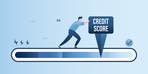 Businessman moves an arrow on measuring scale. Good credit score. Banking information about financial condition of borrower. Indicator shows an excellent reputation. Banking information,