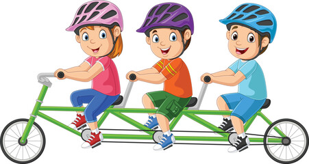 Happy little children riding tandem bicycle