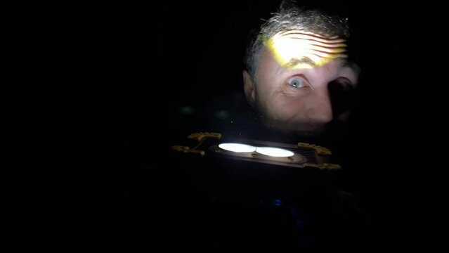 Man With Illuminated Flashlight Looking Away In Darkroom face with a flashlight from below scary monster He makes faces adult man wrinkles forehead bulges eyes everywhere dark space for text scary