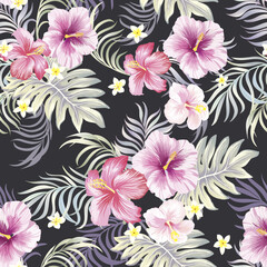 Vector tropical pattern with hibiscus flowers and exotic palm leaves. Trendy summer background. Summer floral illustration.	
