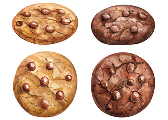 Chocolate chip cookie set. Cookie chocolate on a white background, sweet watercolor illustration, hand drawing painting