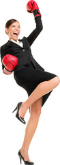 Winning business woman celebrating wearing boxing gloves and business suit. Winner and business success concept photo of Asian Caucasian businesswoman isolated cutout PNG on transparent background.