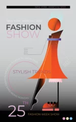 Poster Vektordesign-Vorlage für Modenschau oder Modewoche. Abstraktes Bild einer modischen Frau, die auf dem Laufsteg geht. ©  danjazzia