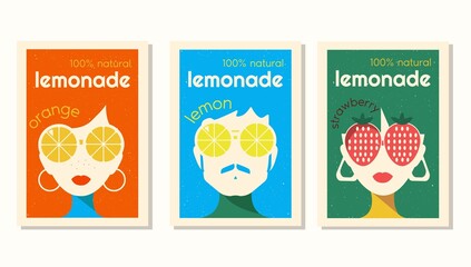 Vector label set for lemonade in retro style.  Label design for strawberry, lemon and orange lemonade with characters wearing big glasses in 70's style. - obrazy, fototapety, plakaty