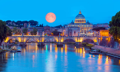 Fototapeta na wymiar St Peter Cathedral with full moon - Rome, Italy 