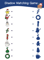 Fototapeta na wymiar Shadow matching game worksheet Educational printable worksheet for children with Christmas theme. Matching the images with the shadow worksheet. Vector file.