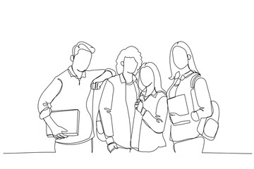 Cartoon of group of smart girls and boys students with backpacks on their shoulders and textbooks in their hands. One line art style
