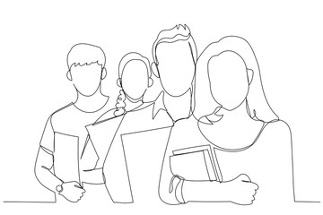Cartoon of closeup of university students standing in a row with books. One line art style