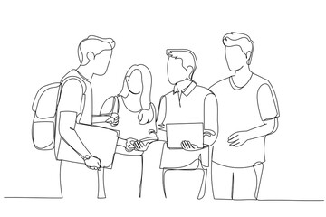 Cartoon of student talking and laughing together at college, working on laptop and smart phone. One line style art