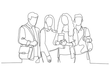 Drawing of college students standing, posing, and looking at camera, holding books. Continuous line art style