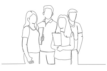 Cartoon of group of asian friends standing and posing in front of campus. One continuous line art style