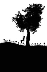 Girl on swing under tree silhouette