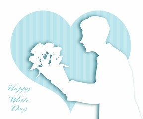 ホワイトデーのイラスト素材  シルエット 男性 ハート 薔薇の花束