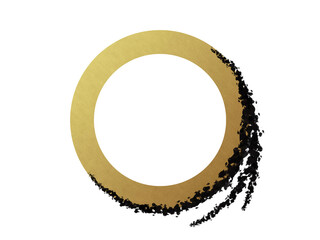 Golden abstract circle frame, ring, contrast black paint brush smudge, texture, isolated graphic design element made with brushstroke, hand drawn art for backgrounds, watercolor paint