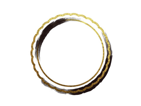 Golden abstract circle frame, double ring, contrast black paint brush smudge, texture, isolated graphic design element made with brushstroke, hand drawn art for backgrounds, watercolor paint