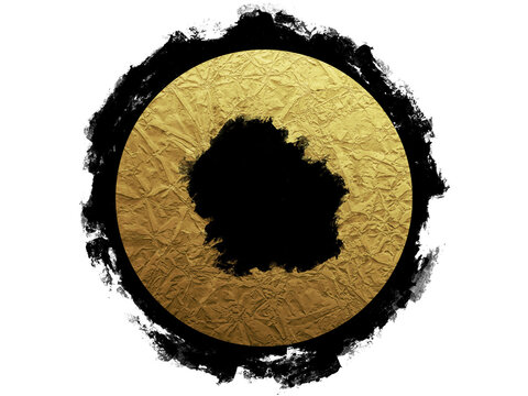 Golden abstract circle frame, contrast black paint brush smudge, texture, isolated graphic design element made with brushstroke, hand drawn art for backgrounds, watercolor paint