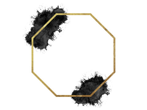 Golden abstract geometric frame, contrast black paint brush smudge, texture, isolated graphic design element made with brushstroke, hand drawn art for backgrounds, watercolor paint