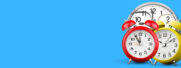 Alarm Clock and Time Management Concept with Blue Background and Copyspace Area, Time Planning Strategy. Suitable for Web Banner, Free Space Area