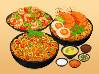 Asian Shrimp stir fry noodles recipe illustration vector.
Chinese stir fry noodles with shrimp or prawn recipe.
Japanese soba noodles with shrimp. Asian food noodle drawing. Instant noodle recipe simp