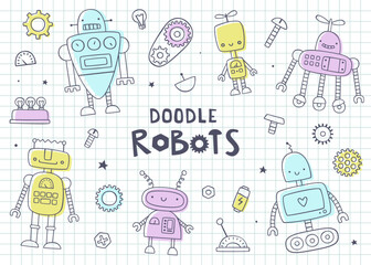 Doodle cute robots set for kids. Funny vector prints collection with hand drawn robots for children.