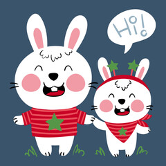 Illustration of two little bunnies holding hands, one wearing a striped t-shirt the other wearing a striped scarf and a headband with stars and saying hello