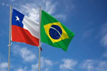 Republic of Chile and Federative Republic of Brazil Flags Over Blue Sky Background. 3D Illustration