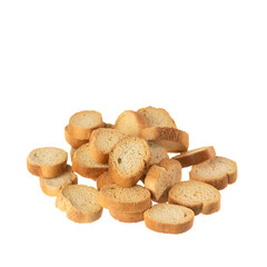 Sliced dried baguette. Bread croutons. Close-up on white background. Isolate on white background. 