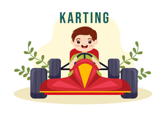 Karting Sport with little kids Racing Game Go Kart or Mini Car on Small Circuit Track in Flat Cartoon Hand Drawn Template Illustration
