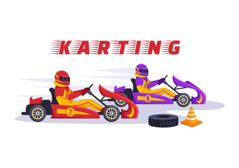 Karting Sport with Racing Game Go Kart or Mini Car on Small Circuit Track in Flat Cartoon Hand Drawn Template Illustration
