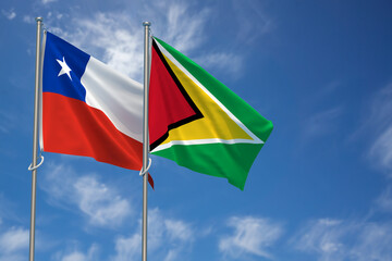Republic of Chile and Co-operative Republic of Guyana Flags Over Blue Sky Background. 3D Illustration