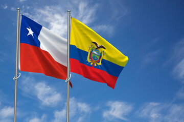 Republic of Chile and Republic of Ecuador Flags Over Blue Sky Background. 3D Illustration