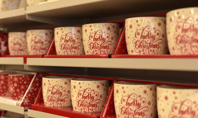 Beautiful Christmas cups in the tableware store