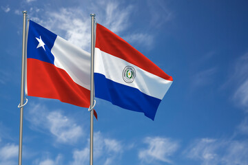Republic of Chile and Republic of Paraguay Flags Over Blue Sky Background. 3D Illustration