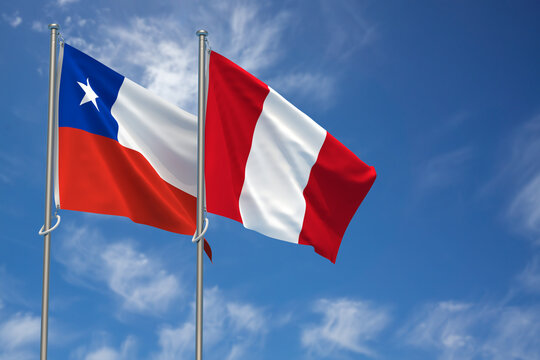 Republic of Chile and Republic of Peru Flags Over Blue Sky Background. 3D Illustration