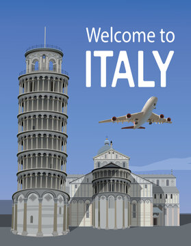 Leaning Tower of Pisa and a flying airliner. Vector.