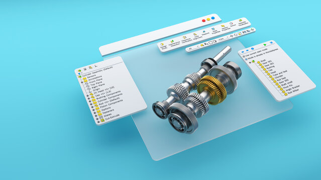 Engineering project, 3D CAD software model of a gear wheel. Mechanical dimensional digital production factory, computer screen. 3d rendering.