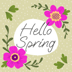 spring card with flat floral design in hand drawn style and lettering hello spring