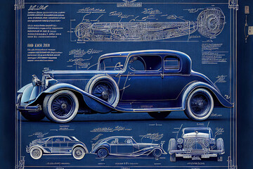 Vintage car blueprint, Generative AI

