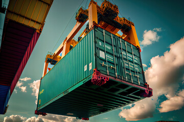 Shore crane loading shipping containers on a freight ship, Generative AI