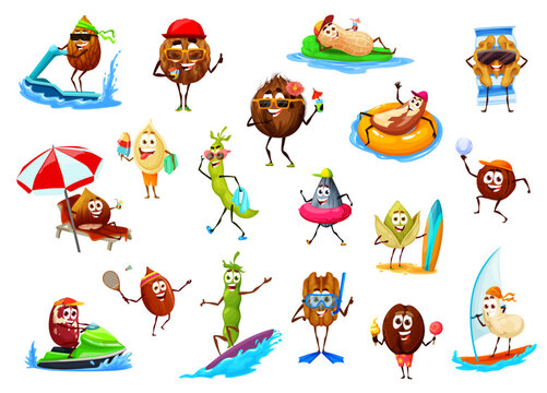 Cartoon nuts and beans on summer vacation. Vector almond, coconut, peanut and walnut, sunflower or pumpkin seed, pecan, brazil, cashew and pistachio, pea and hazelnut, macadamia funny characters