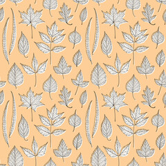 Leaves seamless pattern, black and white vector leaf background