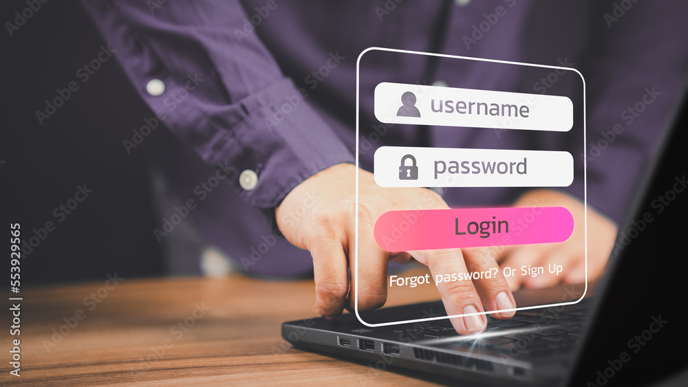 Poster Man protecting personal data on a computer laptop and virtual interface. Cyber security concept to protect data. Secure encryption and access to the user's private information to access the internet.
