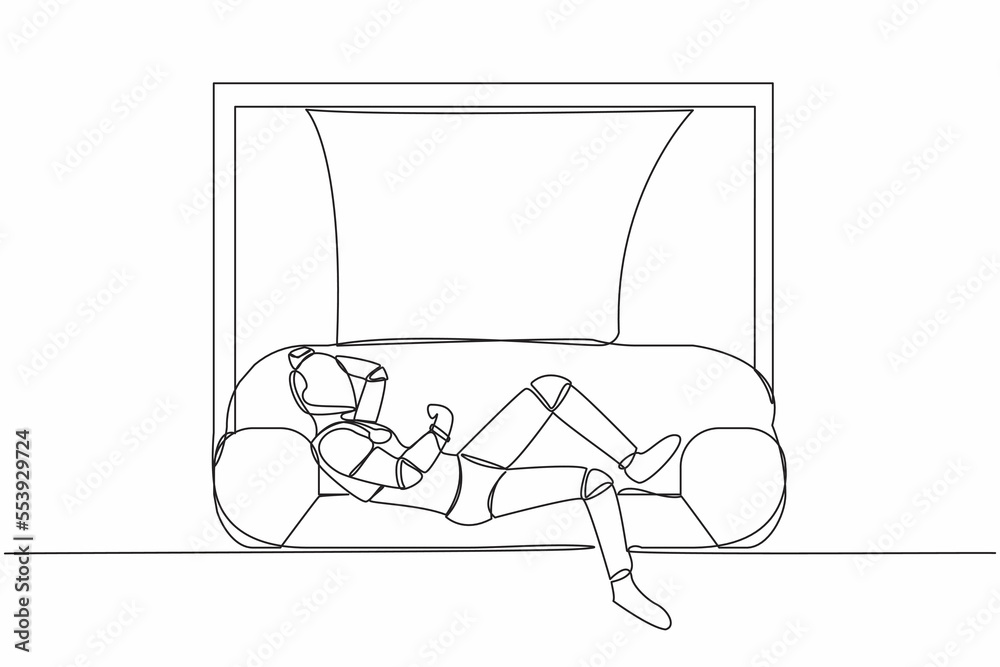 Poster single one line drawing robot lying on sofa near windowsill at home. spending time, relaxing after w