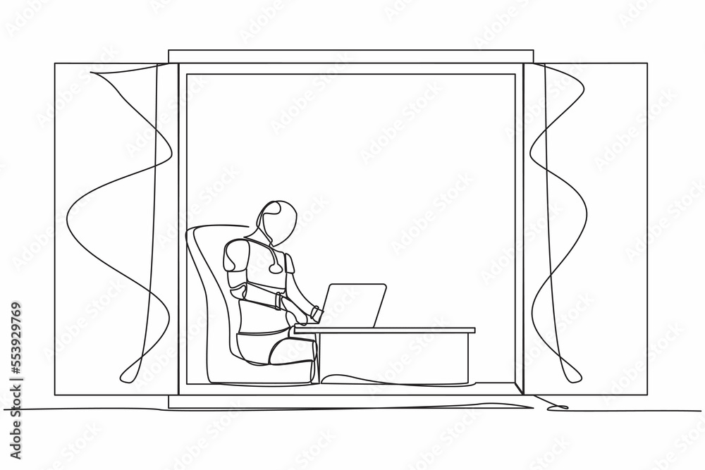 Poster single continuous line drawing robot sitting at desk and using laptop near window. factory managemen